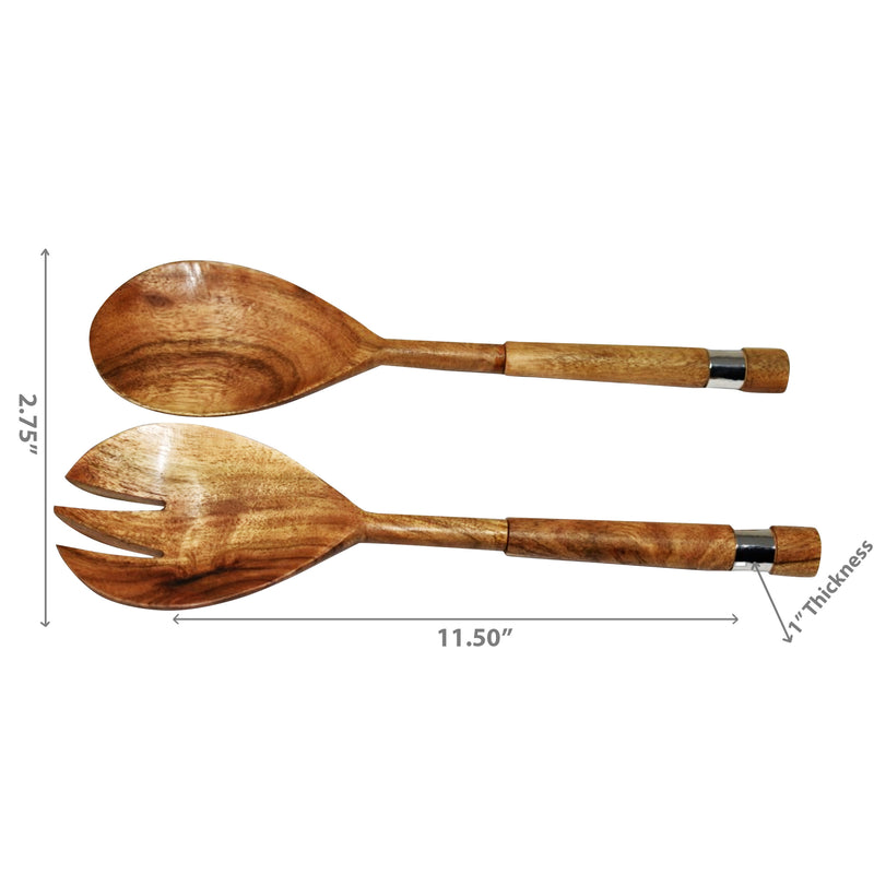 Natural Acacia Wood With Hammered Nickel 2 Pc Salad Server Set