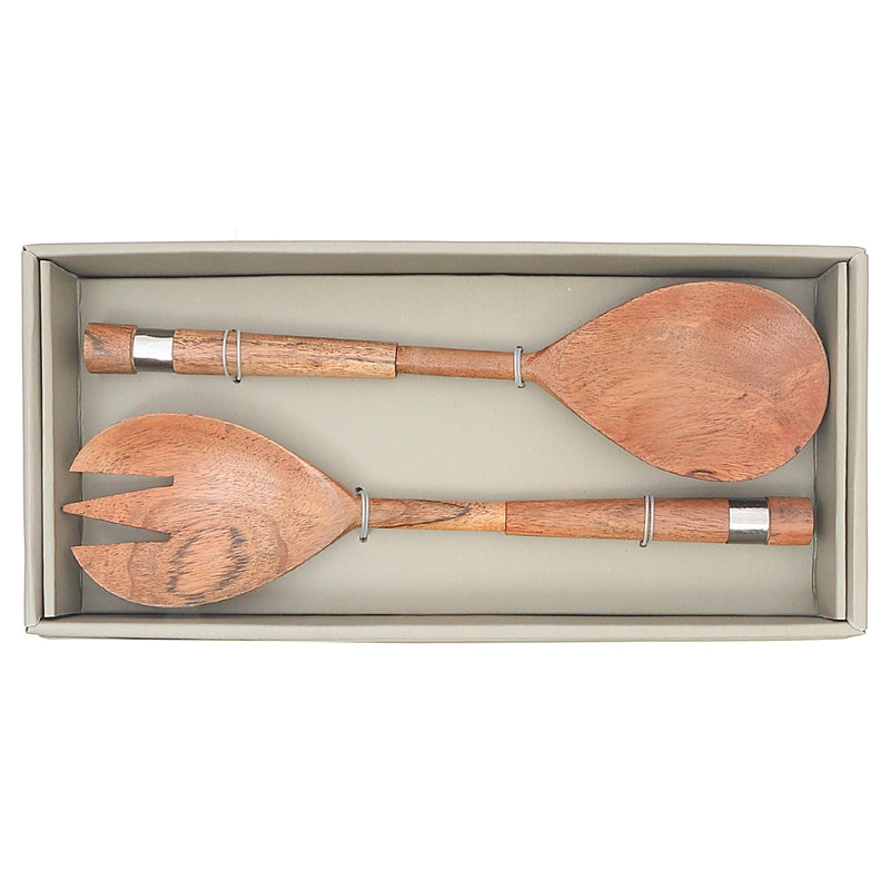 Natural Acacia Wood With Hammered Nickel 2 Pc Salad Server Set