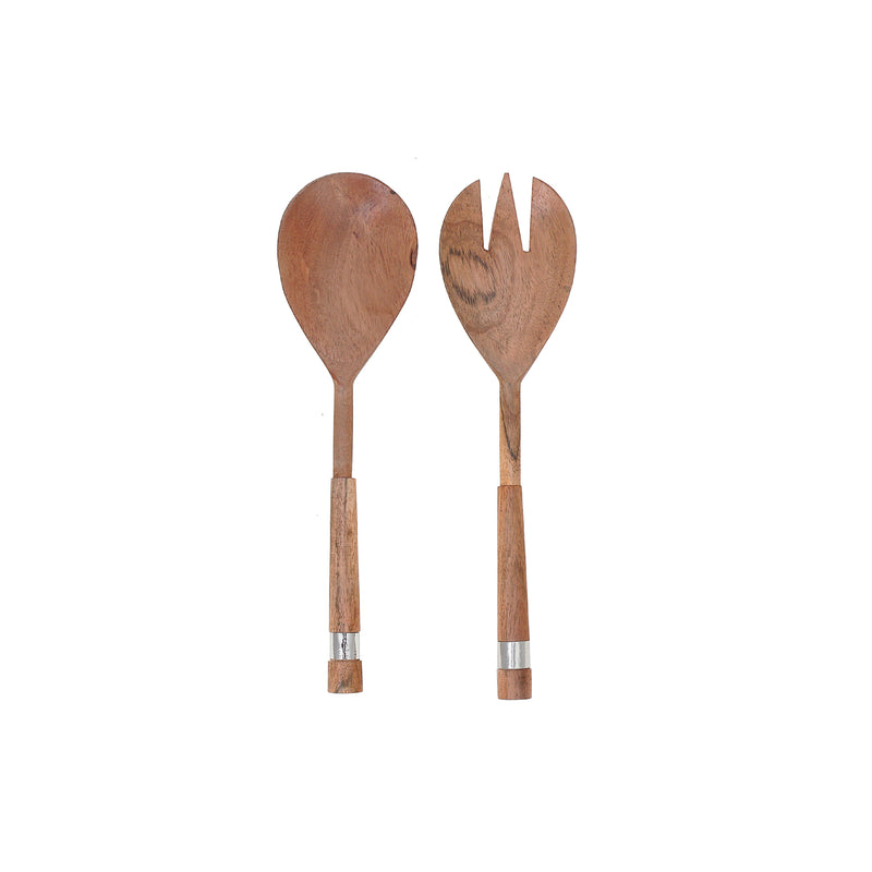 Natural Acacia Wood With Hammered Nickel 2 Pc Salad Server Set