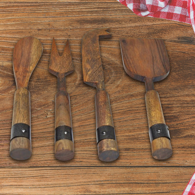 Gray Acacia Wood With Riveted Gunmetall 4 Pc Cheese Cutlery Set