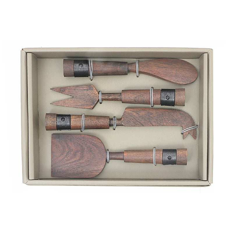 Gray Acacia Wood With Riveted Gunmetall 4 Pc Cheese Cutlery Set