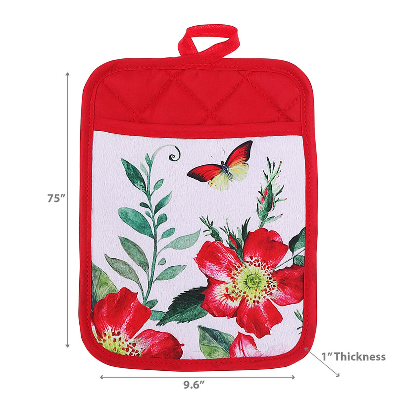 Pot Holder With Pocket Fiery Red Floral - Set of 6