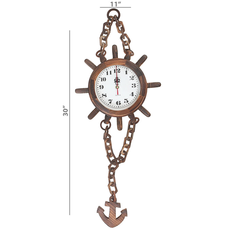 Wooden Ship Wheel Chain Clock With Anchor