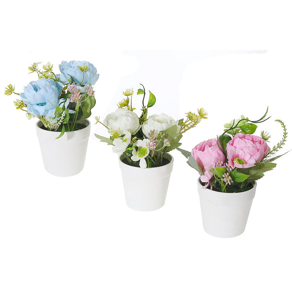 Artificial Peony In White Pot Asstd - Set of 3