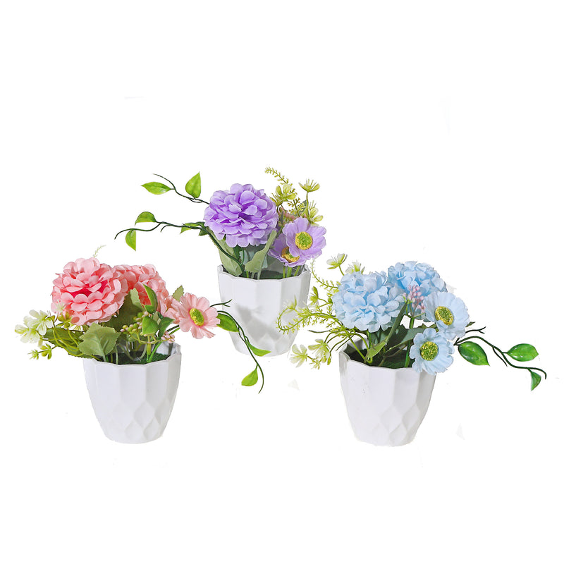 Artificial Carnation In White Pot Asstd - Set of 3