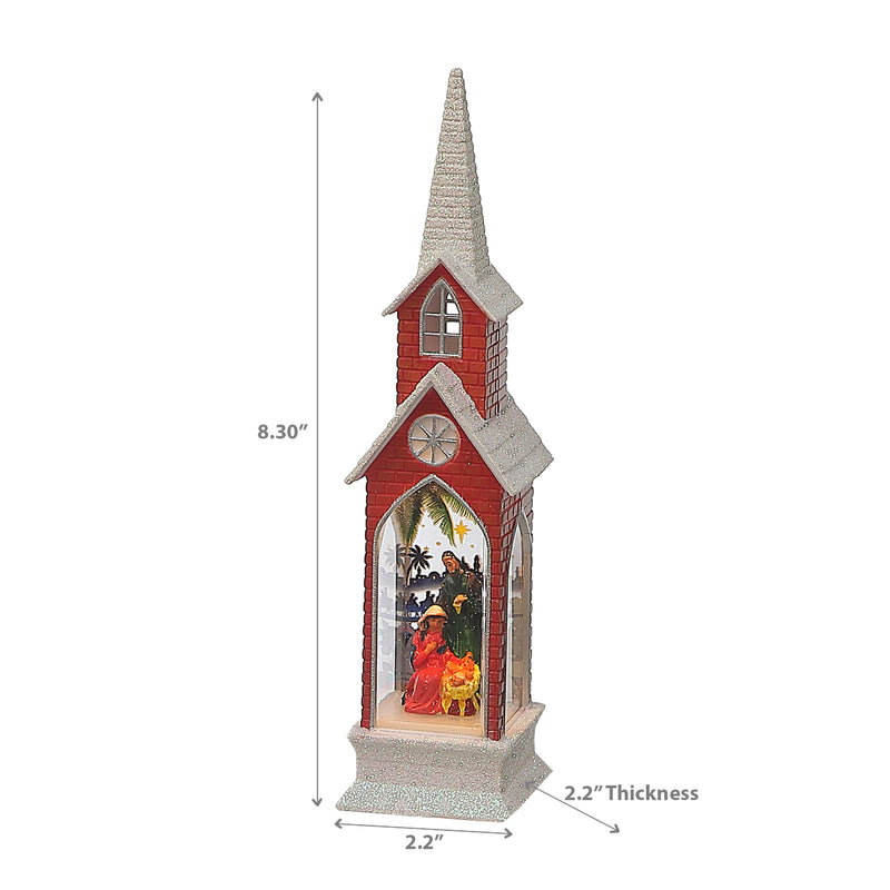 Led Red Church With Nativity Scene