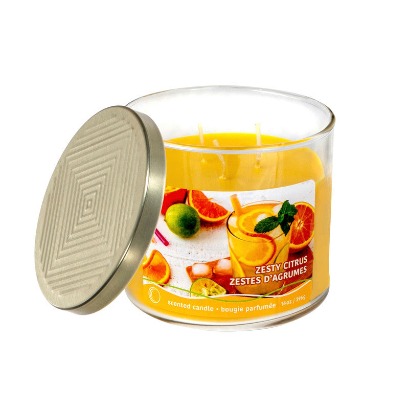 14 Oz 3 Wick Jar Candle With Embossed Lid (Zesty Citrus) - Set of 2