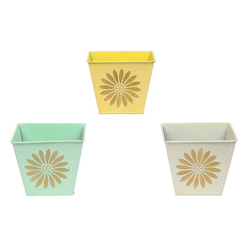 Embossed Daisy Metal Square Planter Asstd - Set of 3