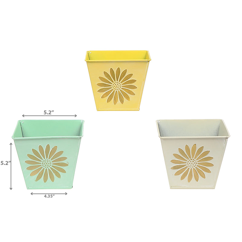 Embossed Daisy Metal Square Planter Asstd - Set of 3