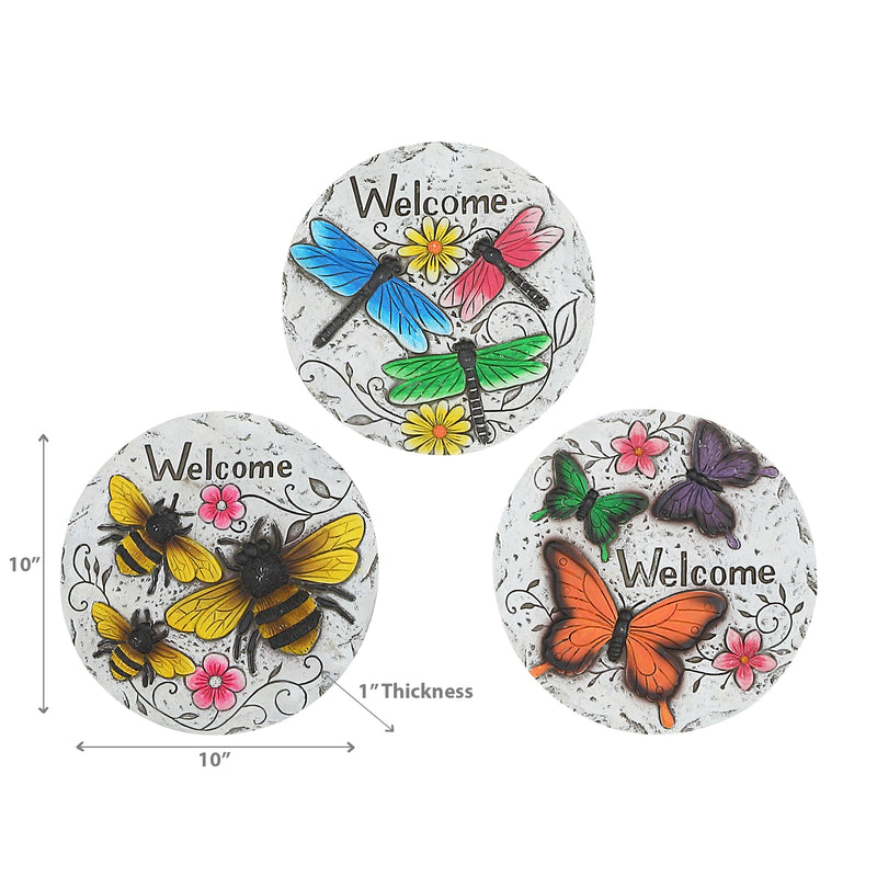 Round Garden Stepping Stones Insects Welcome Asstd - Set of 3