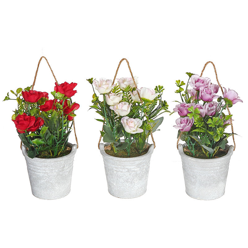 Artificial Roses In Cement Hanging Pot (Asstd) - Set of 3