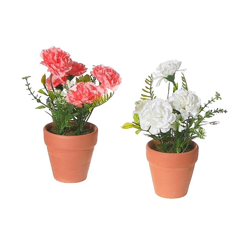 Artificial Carnation In Clay Pot Asstd - Set of 2