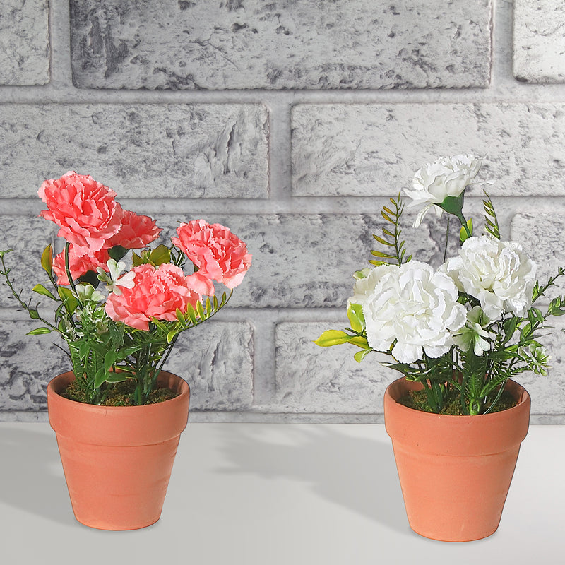 Artificial Carnation In Clay Pot Asstd - Set of 2