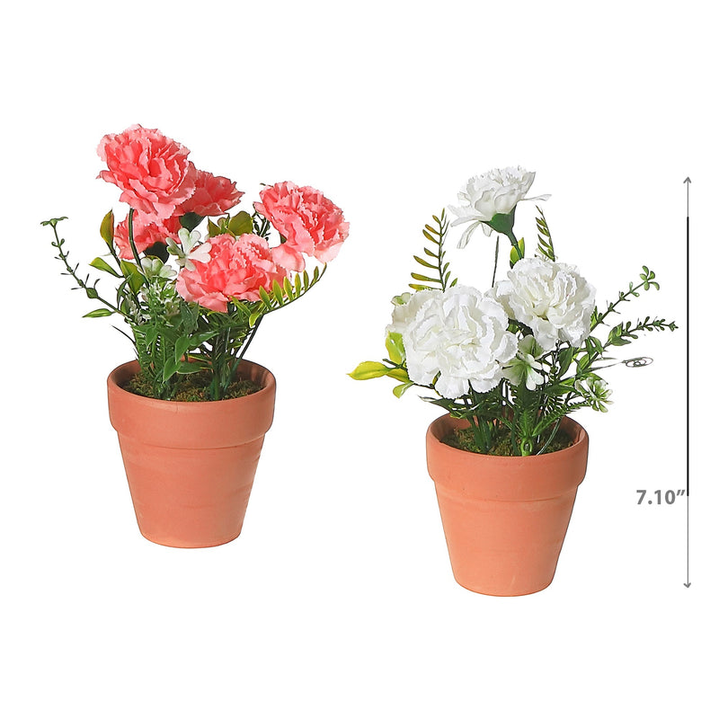 Artificial Carnation In Clay Pot Asstd - Set of 2