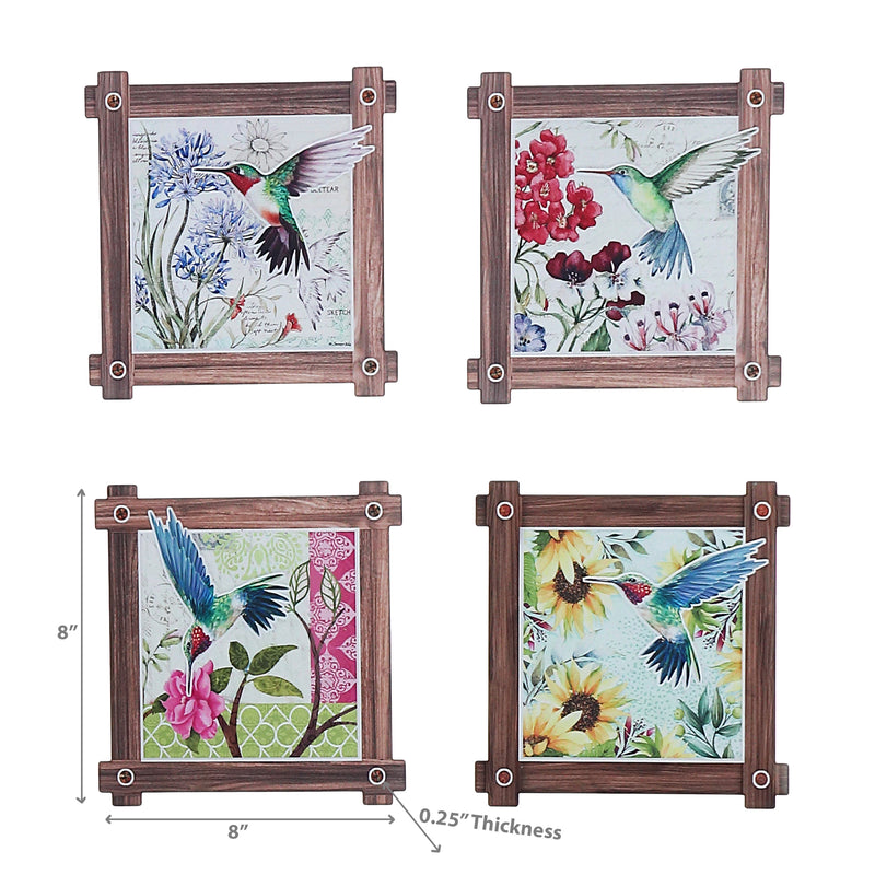 8" Square Ceramic Trivet Hummingg Bird Asstd - Set of 4