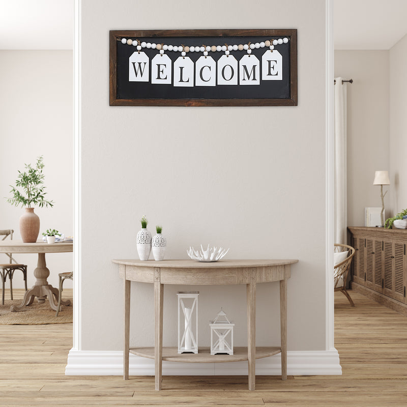 Framed Wood Hanging Beaded Welcome Sign