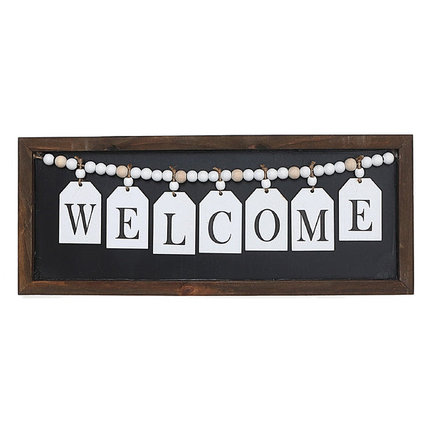 Framed Wood Hanging Beaded Welcome Sign