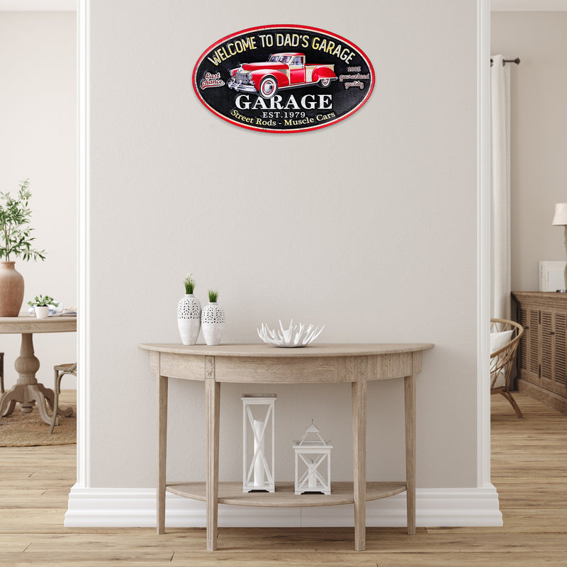 Embossed Oval Metal Sign Welcome To Dad'S Garage