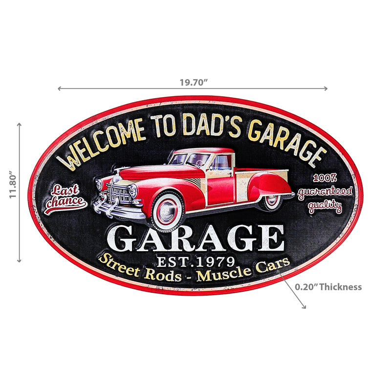 Embossed Oval Metal Sign Welcome To Dad'S Garage