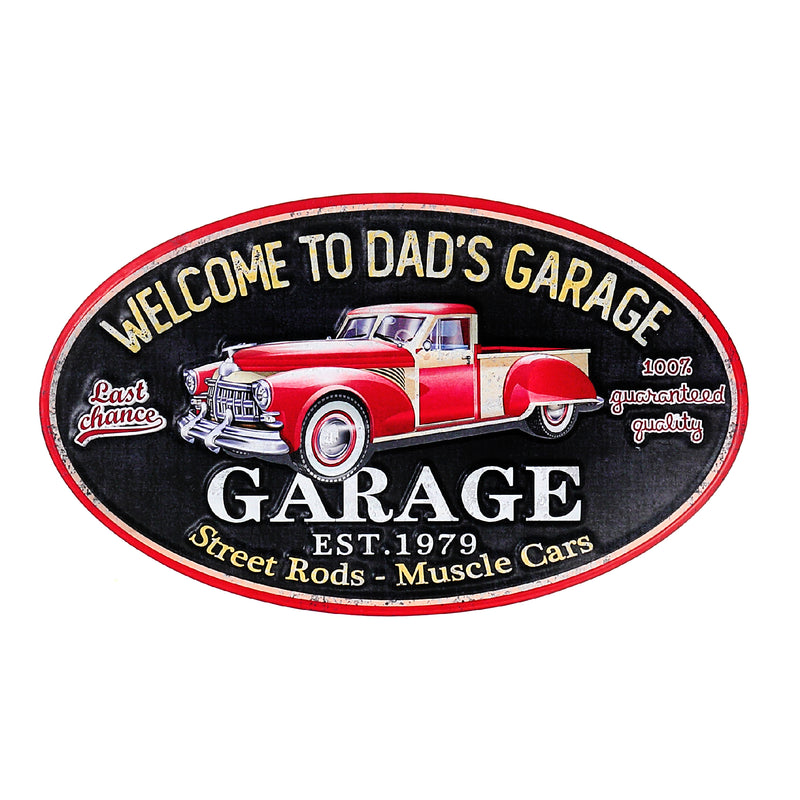 Embossed Oval Metal Sign Welcome To Dad'S Garage