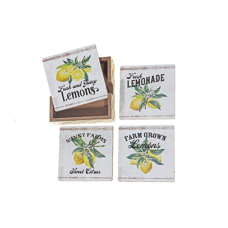 Set Of 4 Wooden Coaster With Holder (Lemon)