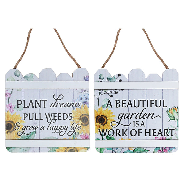 Wood Fence Shaped Floral Sign Asstd - Set of 2