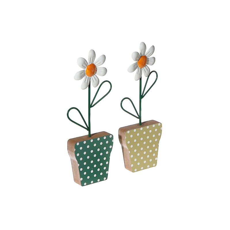 Galvanized Daisy On Wood Stand Asstd - Set of 2