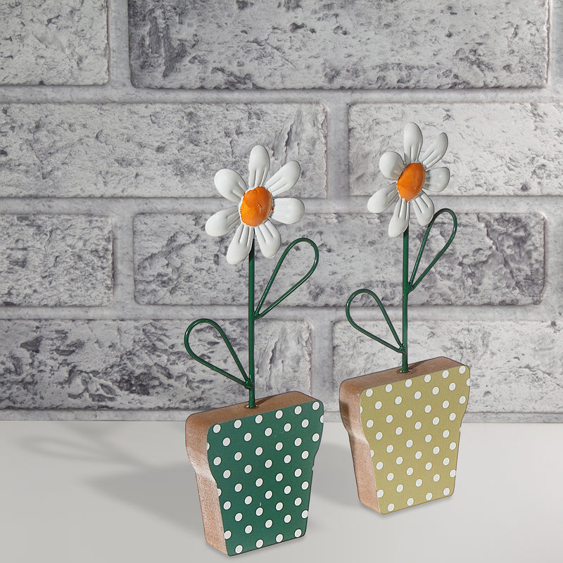 Galvanized Daisy On Wood Stand Asstd - Set of 2