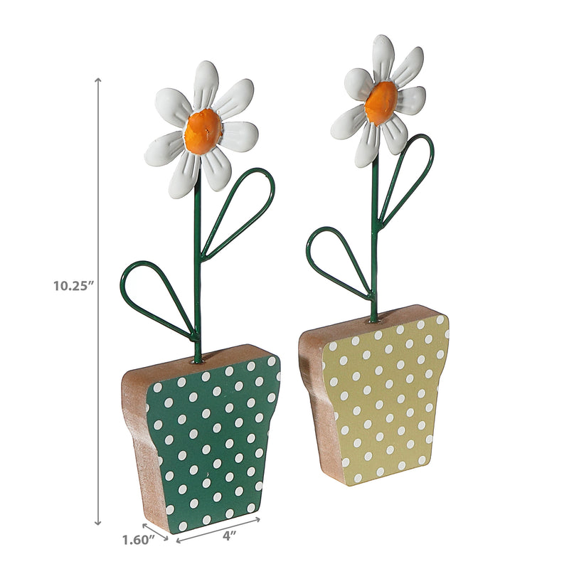 Galvanized Daisy On Wood Stand Asstd - Set of 2