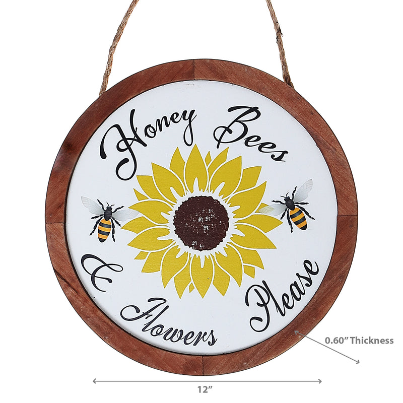 Framed Round Wood Sign Honey Bees & Flowers Please