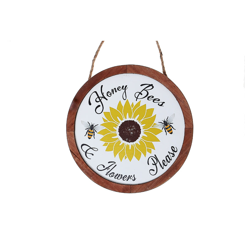 Framed Round Wood Sign Honey Bees & Flowers Please