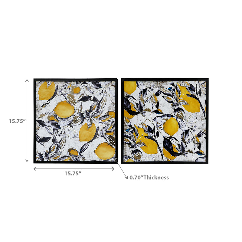 Framed Foil Print Canvas Wall Art Lemon Leaves  - Set of 2