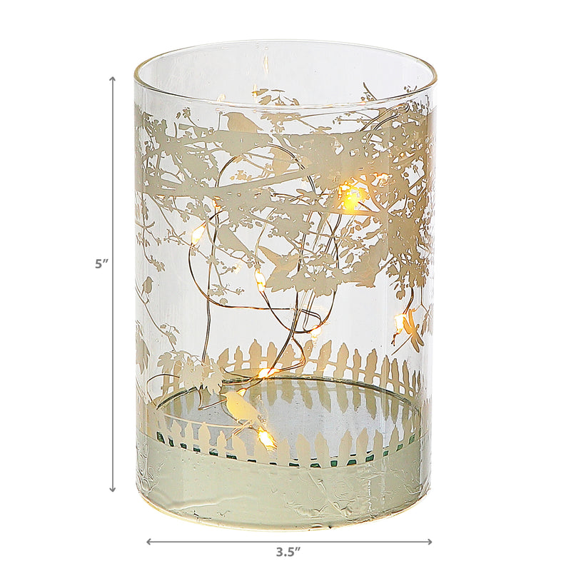 Cylinder Led Glass Decor Birds On Tree 5"