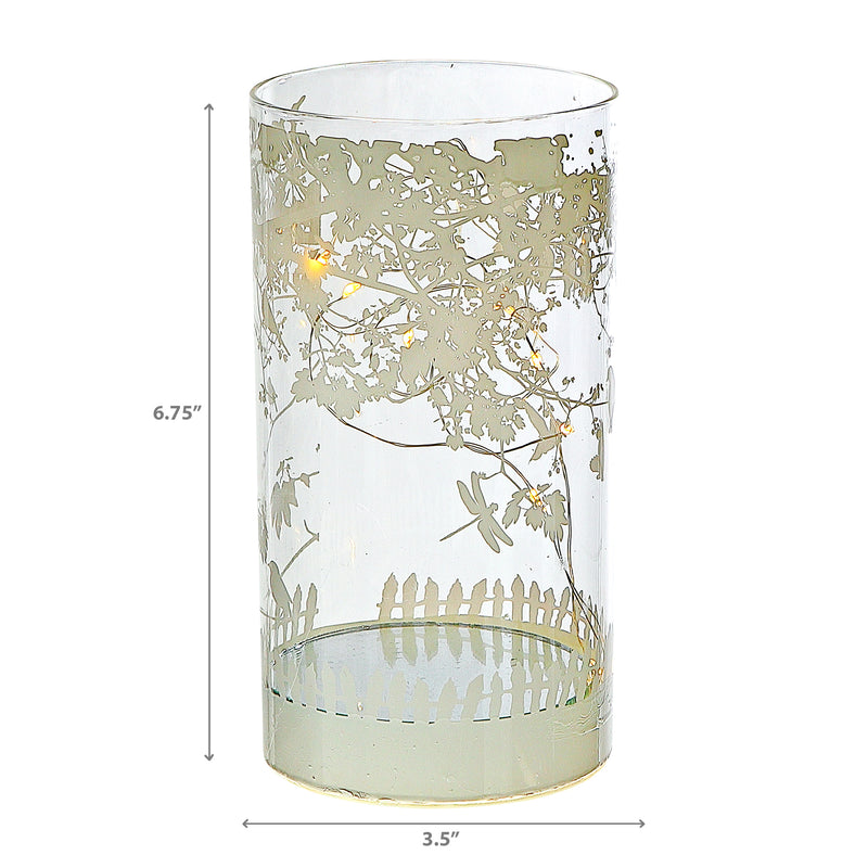 Cylinder Led Glass Decor Birds On Tree 6.75"