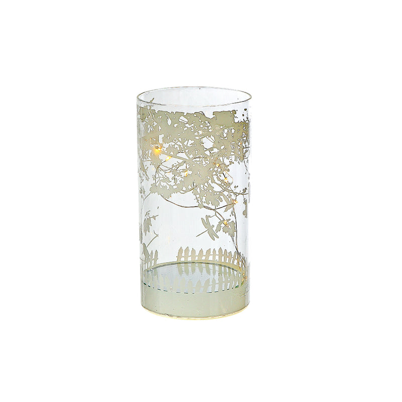 Cylinder Led Glass Decor Birds On Tree 6.75"