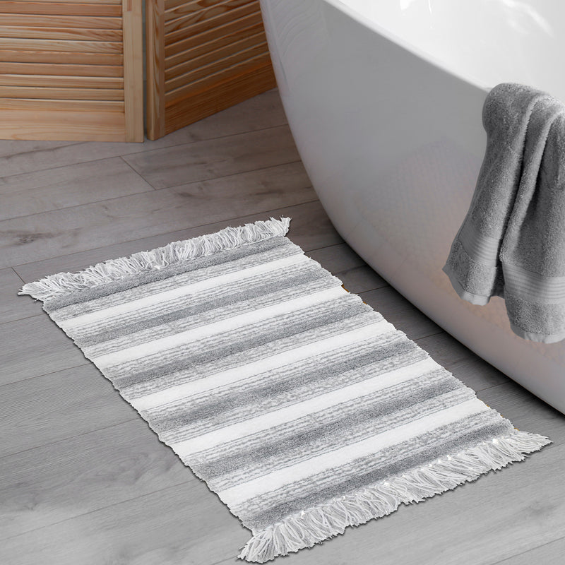 Microfibre Striped Bath Mat With Fringe Silver 20X32