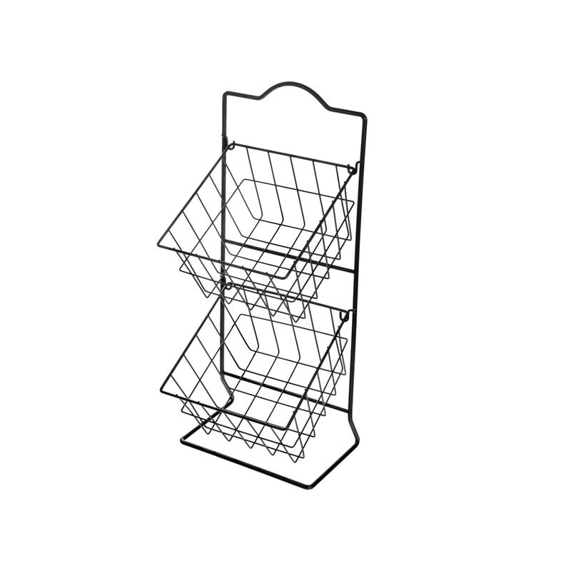 2 Tier Square Metal Grid Fruit Basket Stand (Black)