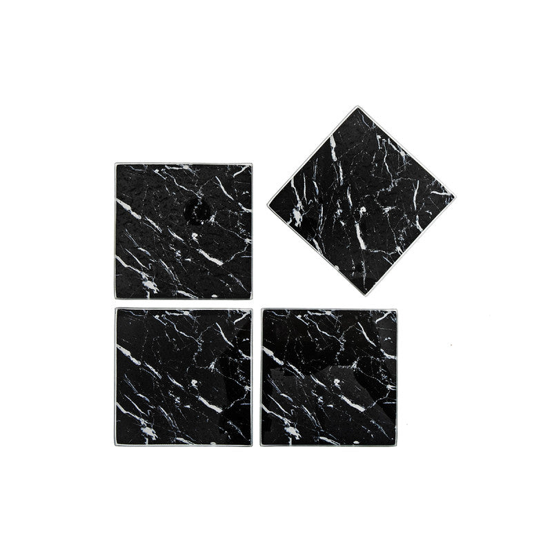 4 Pc Square Glass Coasters (Black Marble)