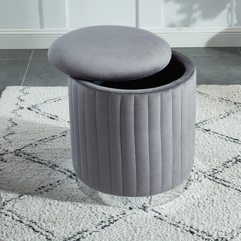 Charlotte Velvet Round Ottoman With Silver Base (Gray)