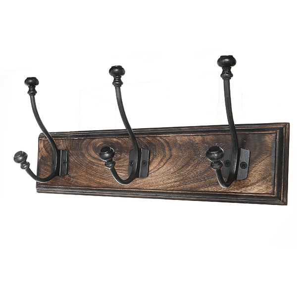 Triple Gun Metal Iron Hooks On Wood Base