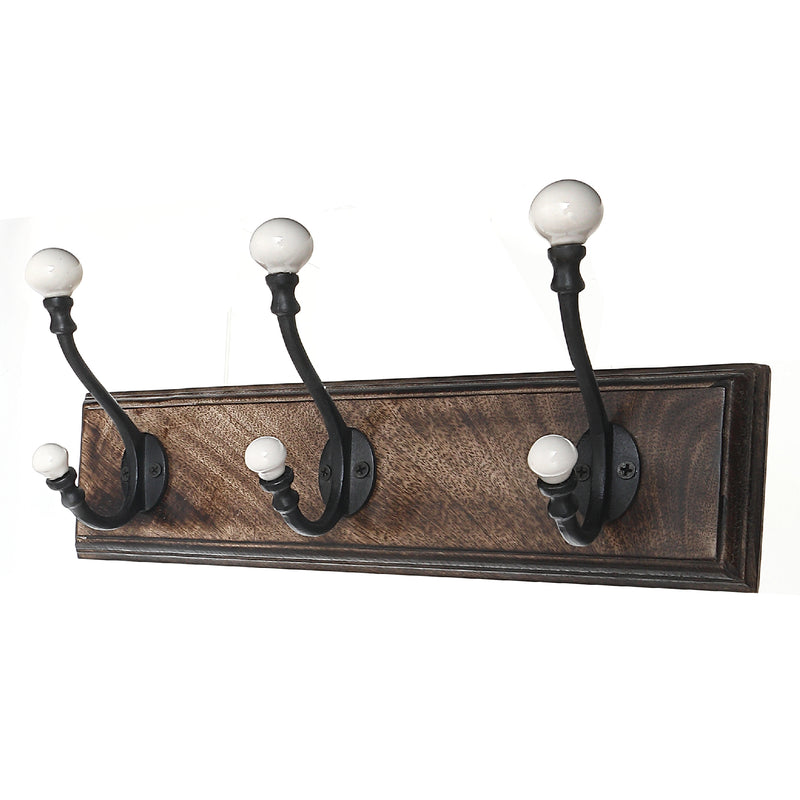 Triple Iron Hooks With Ceramic Knobs On Wood Base