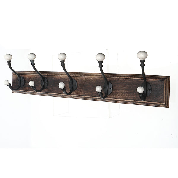 5 Iron Hooks With Ceramic Knobs On Wood Base