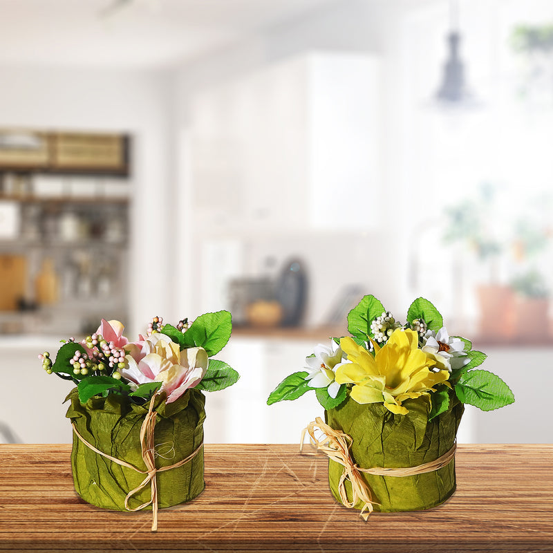 Artificial Floral In Paper Pot Asstd - Set of 2