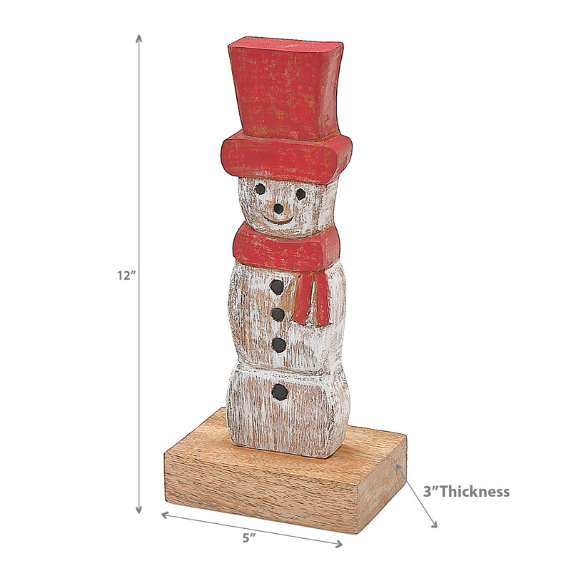 Christmas Mango Wood Snowman With Top Hat On Base