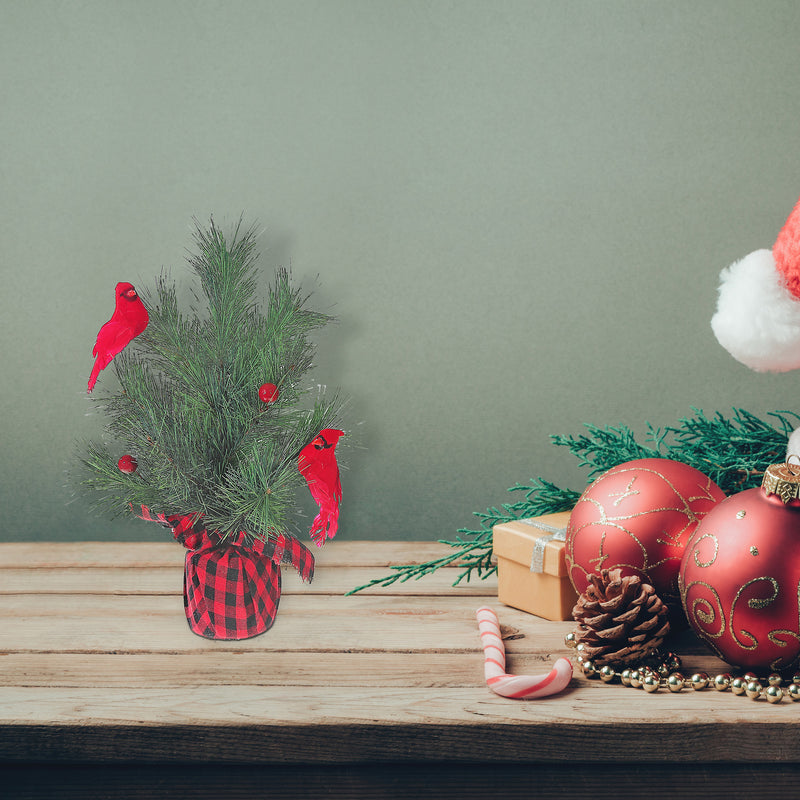 Christmas Pine Tree In Plaid Pot With Cardinals