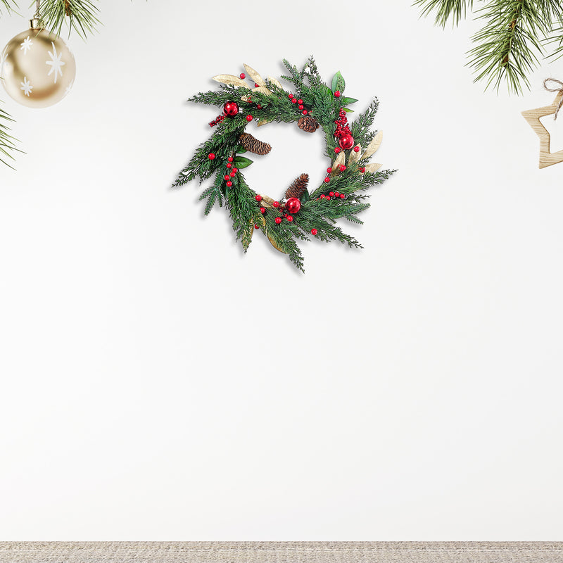 Christmas Golden Leaves With Berries & Pine Wreath