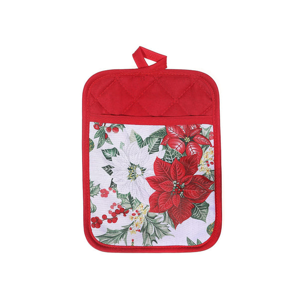 Pot Holder With Pocket (Poinsettia Print) - Set of 4