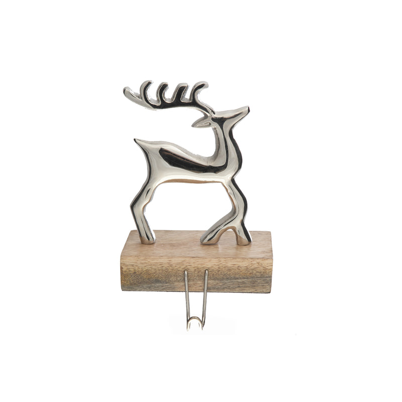 Metal Stocking Hanger On Mango Wood Base (Reindeer)