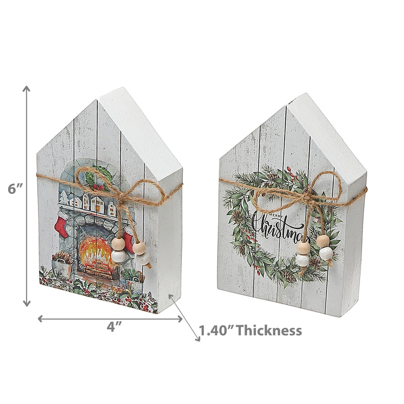 Christmas Mdf House Shape Block With Ribbon  - Set of 2