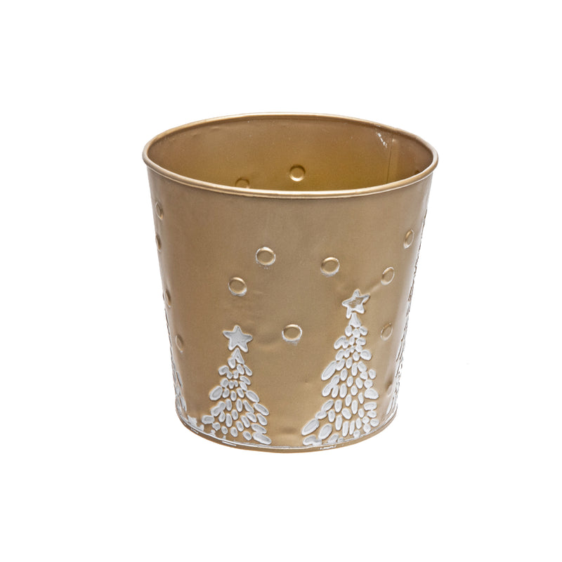 Metal Gold Embossed Tree Round Planter (6.25" Dia)